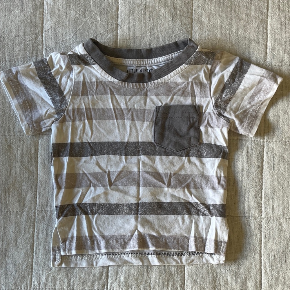 Little Bipsy White and Gray Striped Tee with Pocket